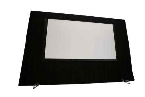 A cinematic AV setup with a large screen and professional stage draping at an event in Cape Town.