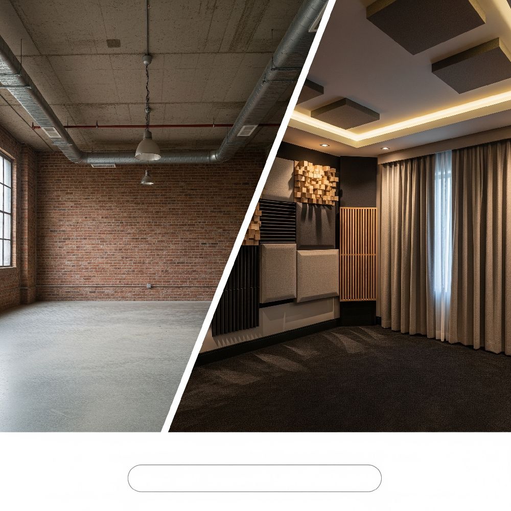 Side-by-side comparison of an untreated echoey room versus a professionally treated acoustic room with panels and curtains.